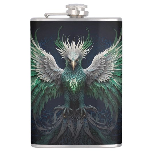 Majestic Green & White Phoenix Bird Flachmann (Vorderseite)