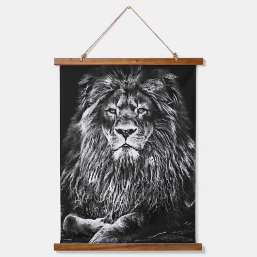 Majestic Grey Lion Hanging Tapestät Wandteppich Mit Holzrahmen (Vorderseite)