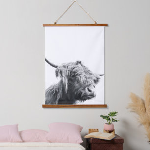 Majestic Highland Kuh schwarz-weiß Wandteppich Mit Holzrahmen