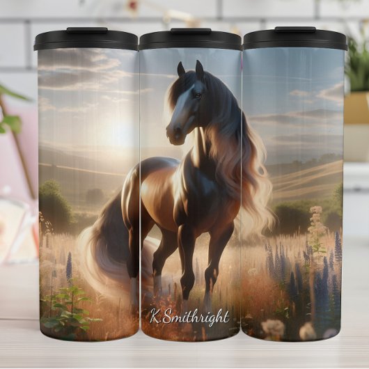 Majestic Horse Golden Field Sunset Thermosbecher