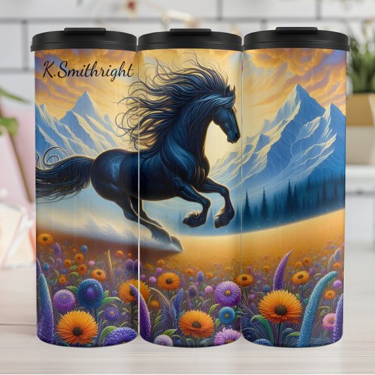 Majestic Horse Meadow Mountain Fantasy Thermosbecher