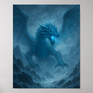 Majestic Ice Dragon in Frozen Storm Fantasy Poster
