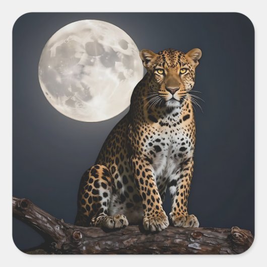 Majestic Leopard and Full Moon   Quadratischer Aufkleber (Vorderseite)