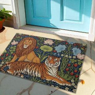 Majestic Lion and Tiger Art, Dschungel, Lotus, Blu Fußmatte