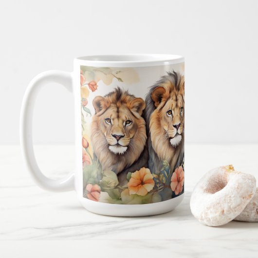 Majestic Lion & Floral Watercolor Art Print Kaffeetasse (Mit Donut)