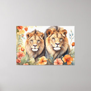 Majestic Lion & Floral Watercolor Art Print Leinwanddruck