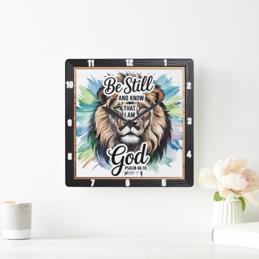 Majestic Lion Inspirational Faith Psalm 46:10 Quadratische Wanduhr (Zuhause)