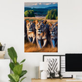 Majestic Lions, die durch ein begrüntes Feld wande Poster (Heimbüro)
