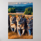 Majestic Lions, die durch ein begrüntes Feld wande Poster (Vorne)