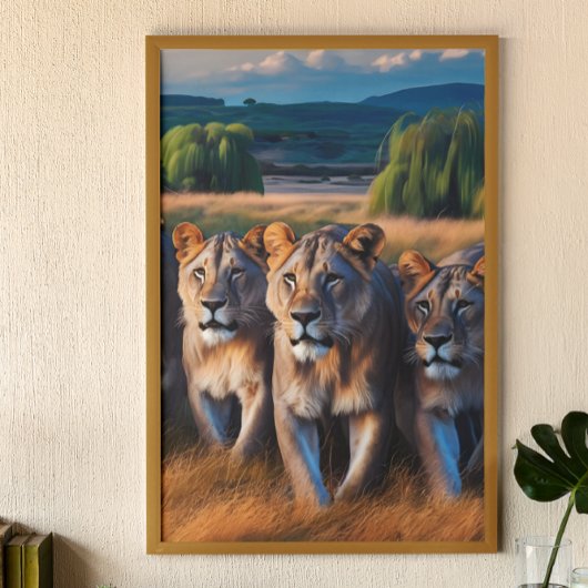 Majestic Lions, die durch ein begrüntes Feld wande Poster
