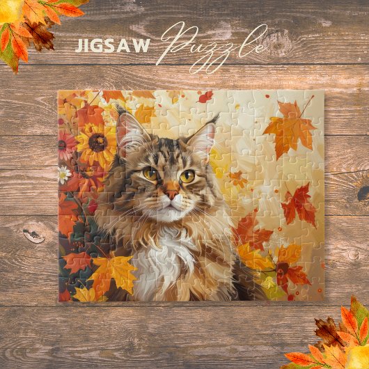 Majestic Maine Coon with Fall Leaves and Sunflower Puzzle
