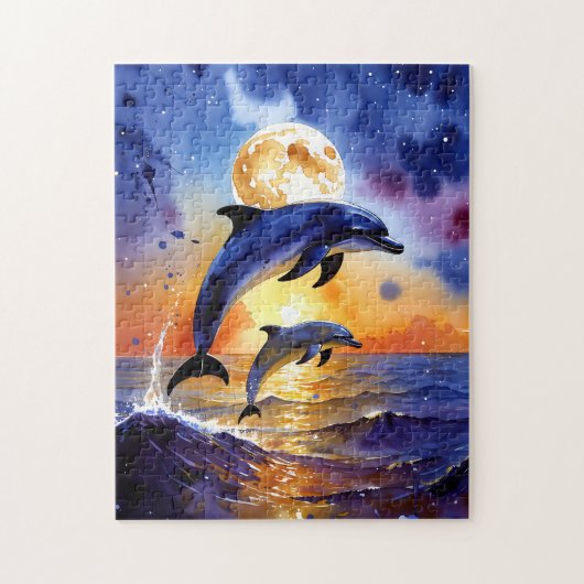 Majestic Moonlit Dolphins at Sunset Ocean Puzzle (Vertikal)