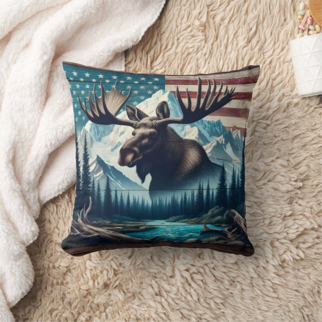 Majestic Moose Against Mountains and American Flag Kissen (Decke)