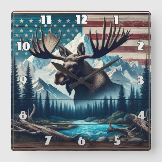 Majestic Moose Against Mountains and American Flag Quadratische Wanduhr (Vorderseite)