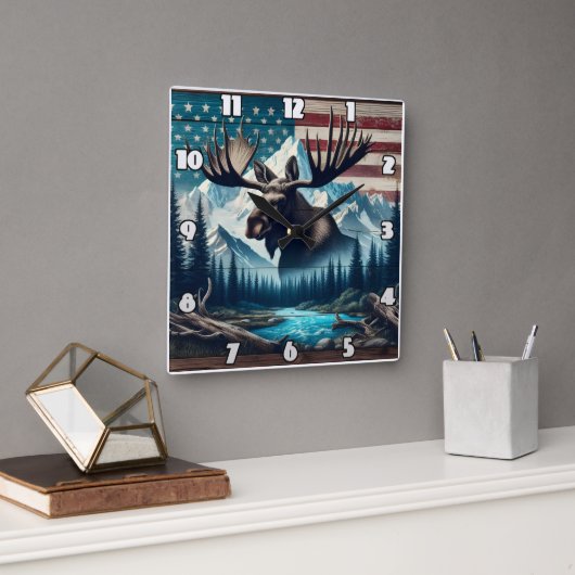 Majestic Moose Against Mountains and American Flag Quadratische Wanduhr (Büro)