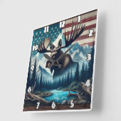 Majestic Moose Against Mountains and American Flag Quadratische Wanduhr (Winkel)
