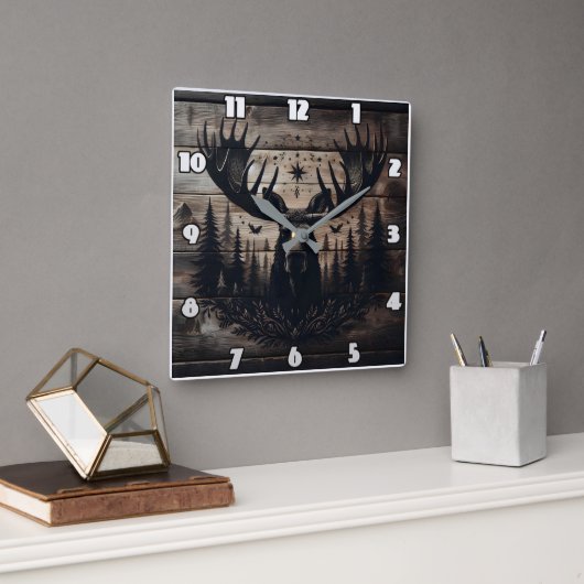 Majestic Moose Art mit Naturgeschichte Quadratische Wanduhr (Büro)