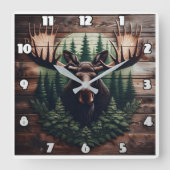 Majestic Moose Art umgeben von Pinien Quadratische Wanduhr (Vorderseite)