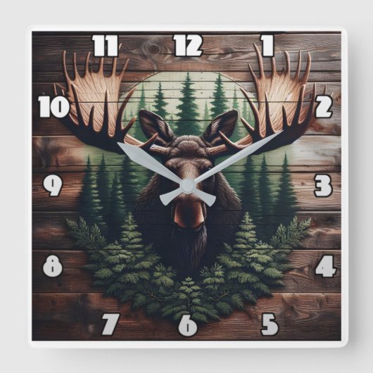 Majestic Moose Art umgeben von Pinien Quadratische Wanduhr (Vorderseite)
