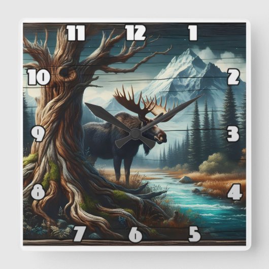 Majestic Moose by Mountain River bei Dusk Quadratische Wanduhr (Vorderseite)