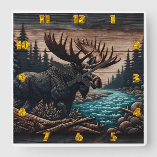Majestic Moose by Serene Forest River Quadratische Wanduhr (Vorderseite)