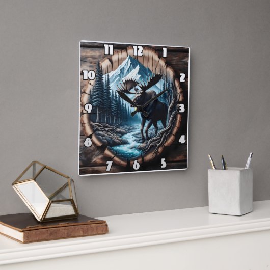 Majestic Moose by Stream in Bergwelt Landschaft Quadratische Wanduhr (Büro)