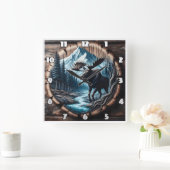 Majestic Moose by Stream in Bergwelt Landschaft Quadratische Wanduhr (Zuhause)