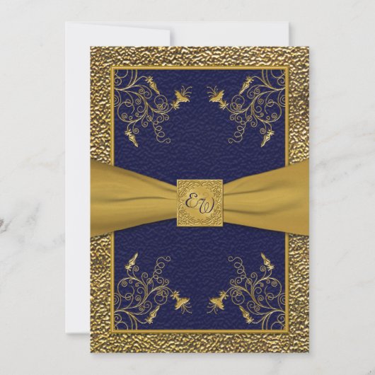 Majestic Navy and Gold Monogram Wedding Einladung (Vorderseite)