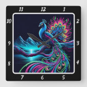 Majestic Neon Peacock Quadratische Wanduhr (Vorderseite)
