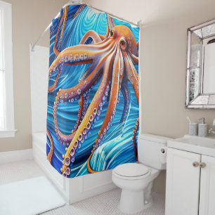 Majestic Octopus Blue Ocean Wave Expressionismus Duschvorhang