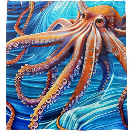 Majestic Octopus Blue Ocean Wave Expressionismus Duschvorhang (Vorderseite)
