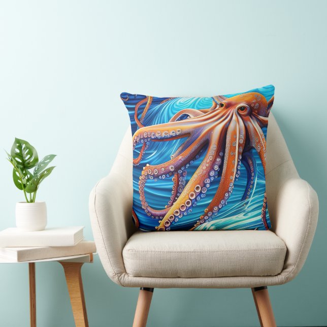 Majestic Octopus Blue Ocean Wave Expressionismus Kissen (Stuhl )