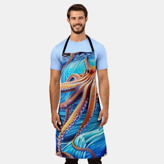 Majestic Octopus Blue Ocean Wave Expressionismus Schürze (Getragen)