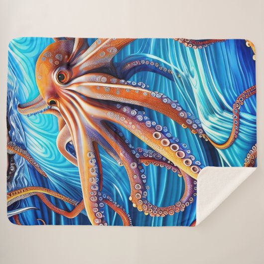 Majestic Octopus Blue Ocean Wave Expressionismus Sherpadecke (Vorderseite (Horizontal))