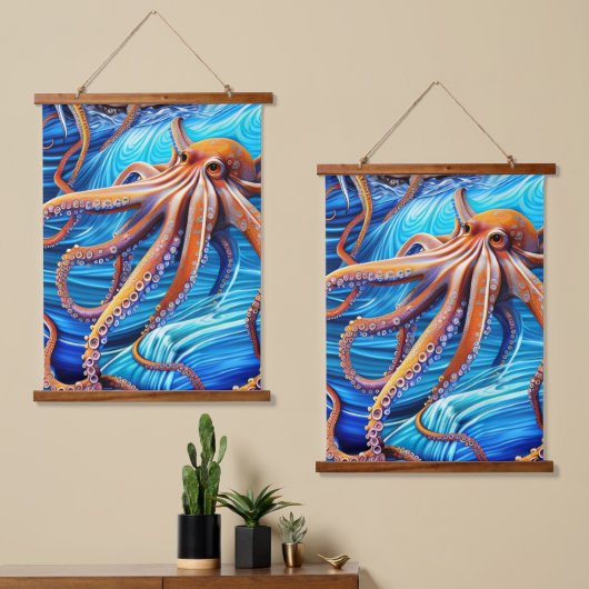 Majestic Octopus Blue Ocean Wave Expressionismus Wandteppich Mit Holzrahmen (Asymmetrisch)