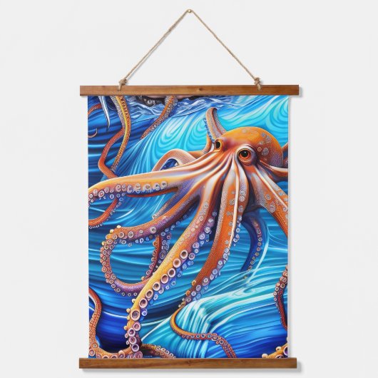 Majestic Octopus Blue Ocean Wave Expressionismus Wandteppich Mit Holzrahmen (Vorderseite 2)