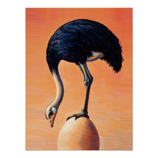 Majestic Ostrich Balancing on Giant Egg Sunset Art Poster (Vorderseite)