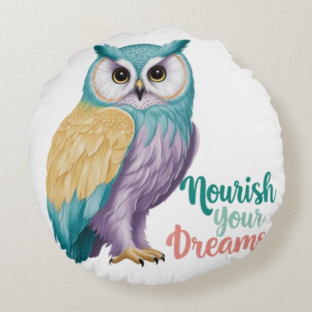 "Majestic Owl with Motivierend Message" Rundes Kissen (Rückseite)