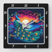 Majestic Peacock Glow Quadratische Wanduhr (Vorderseite)