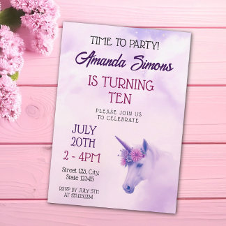Majestic Pink Floral Unicorn Girly 10th Birthday Einladung