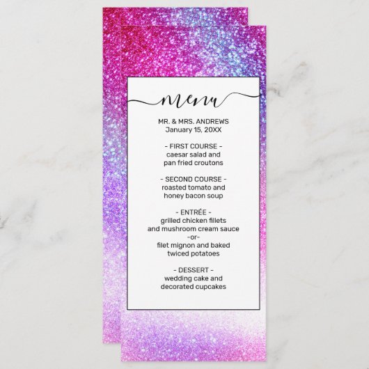 Majestic Pink Lila Nebel Galaxy Glitzer Menükarte (Vorne/Hinten)