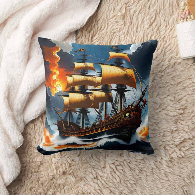 Majestic Pirate Ship durch Sturmy Seas Kissen (Decke)