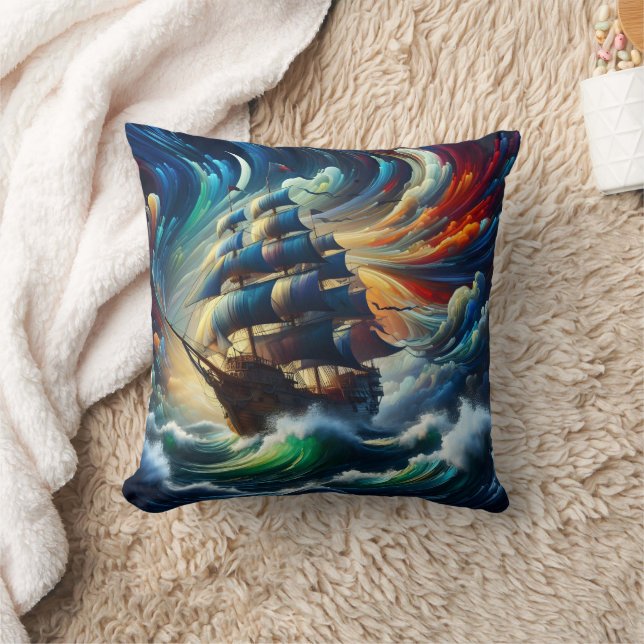 Majestic Pirate Ship Navigating Stormy Seas Kissen (Decke)