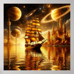 Majestic Segelschiff unter Goldenem Himmel Poster