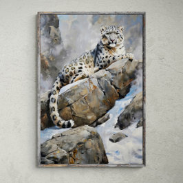 Majestic Sentinel: Schneeleopard auf Felsen - Male Poster