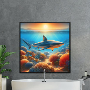 Majestic Shark Glides Above Vibranly Coral Garden Poster