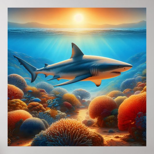 Majestic Shark Glides Above Vibranly Coral Garden Poster (Vorne)