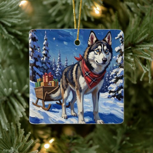 Majestic Siberian Husky Pulling Christmas Sled Keramikornament (Baum)