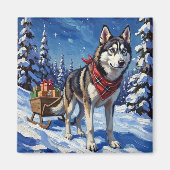 Majestic Siberian Husky Pulling Christmas Sled Magnet (Vorne)