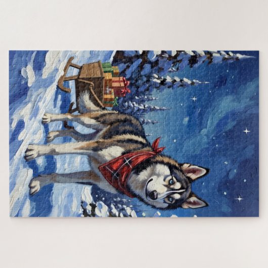 Majestic Siberian Husky Pulling Christmas Sled Puzzle (Horizontal)